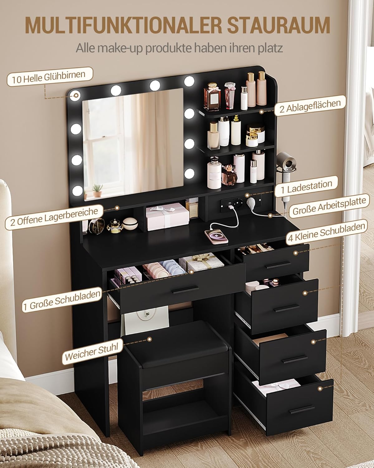 Tocador Hzuaneri con 10 luces LED, taburete, mesa de maquillaje con espejo grande, tocadores con enchufe, soporte para secador de pelo y varios cajones, negro, DT39006X
