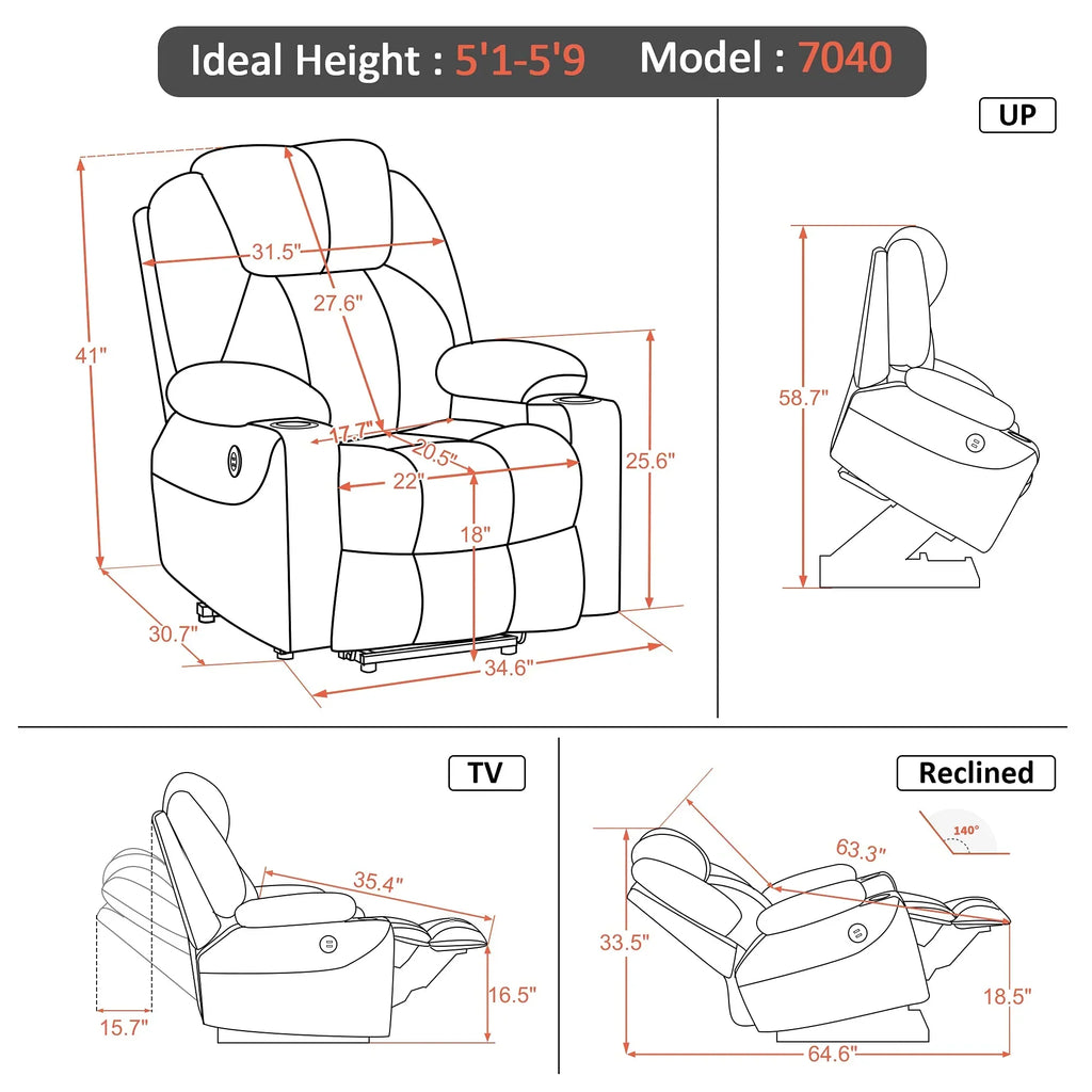 Sillón reclinable eléctrico Mcombo con masaje y carga USB