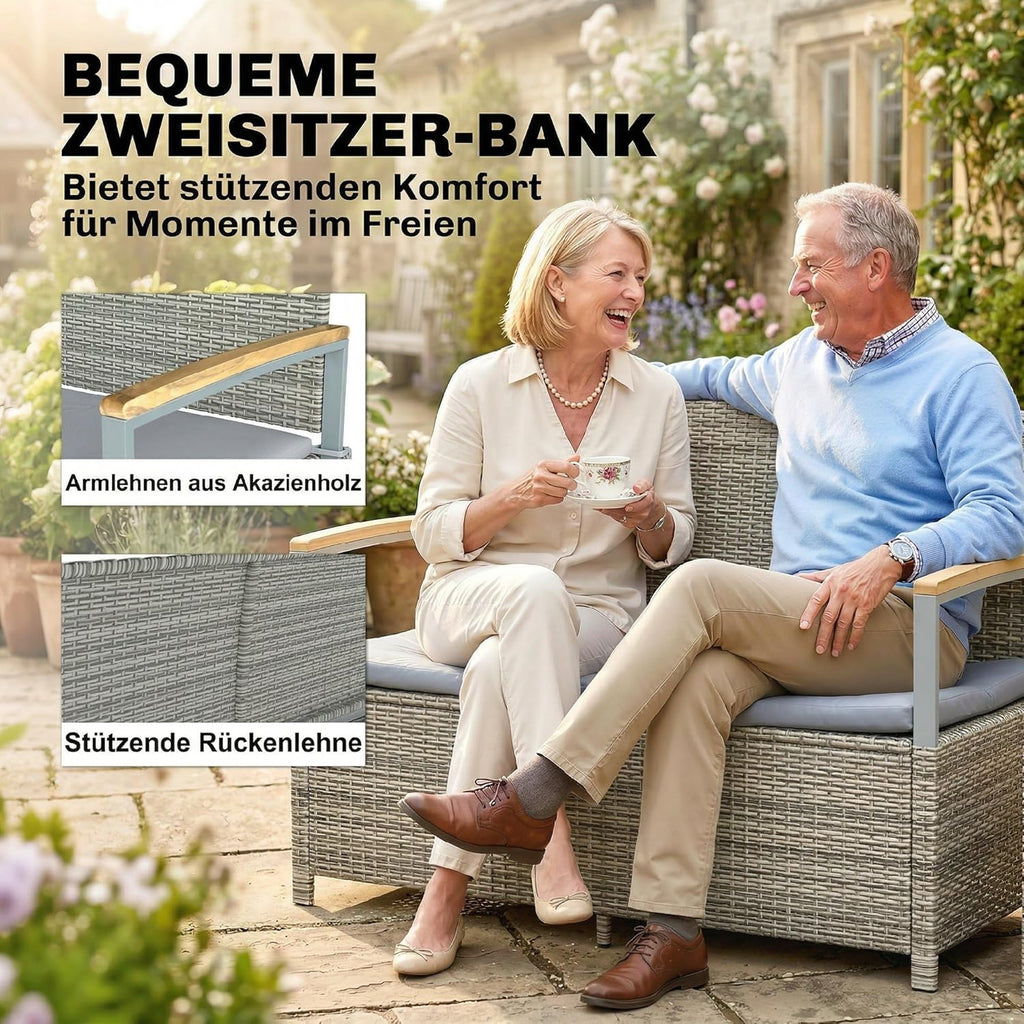 Banco de jardín Outsunny de polirratán, 170 L, banco de 2 plazas con almacenamiento, cojines extraíbles, forro interior con cremallera, reposabrazos de madera de acacia, banco arcón resistente a la intemperie para herramientas, cojín de asiento gris claro