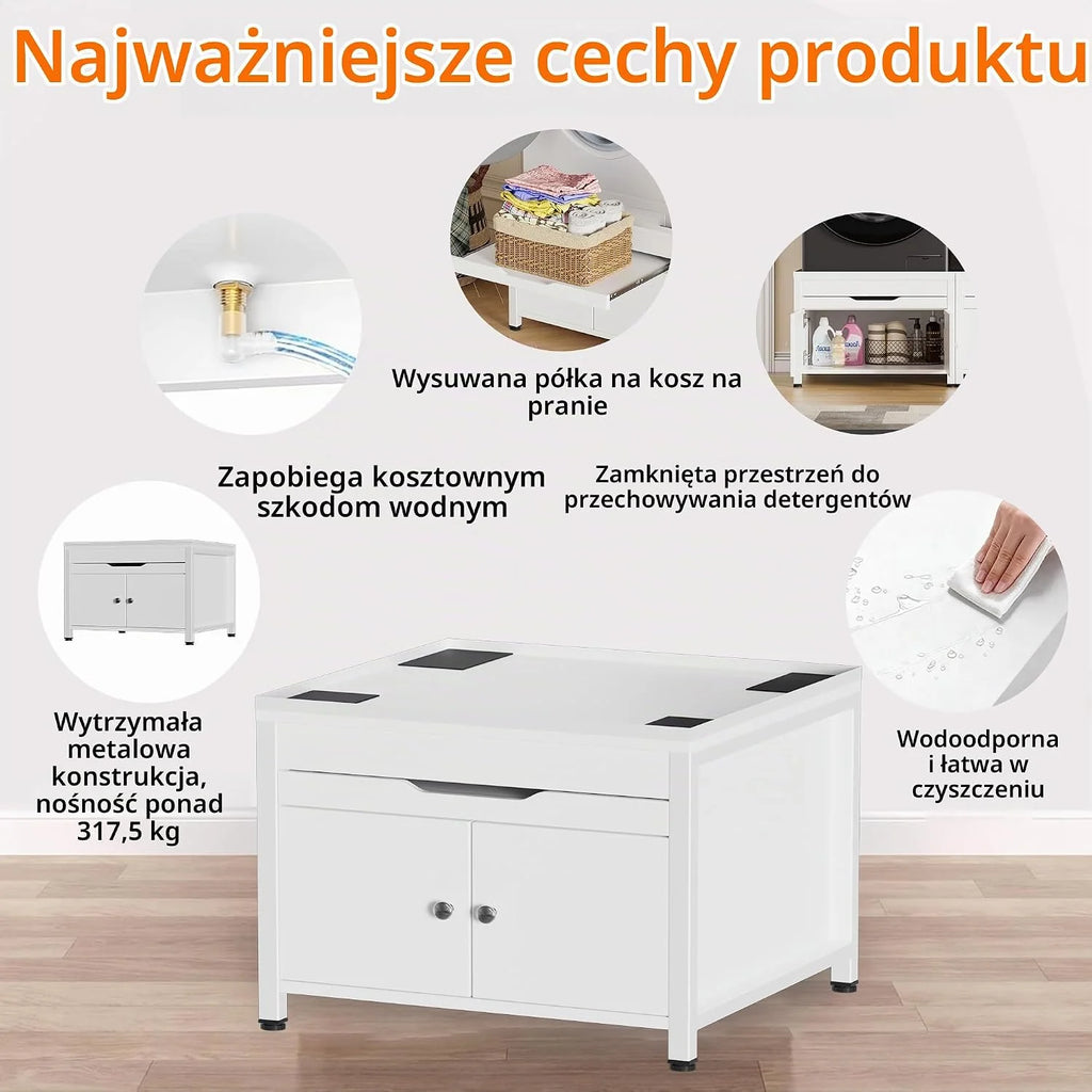 Stojak do pralki i suszarki z półką na kosz na pranie i zintegrowaną tacą odpływową + elastyczny wąż, nośność 700 lb, wykonany z płyty MDF i metalu, 63 x 54 x 50 cm