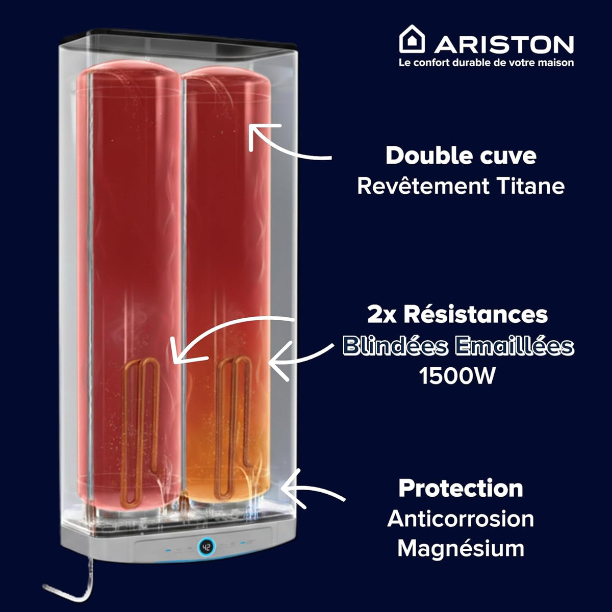 Ariston VELIS DUNE 45 litros - Calentador de agua eléctrico ultraplano - 13% de ahorro energético - Diseñado y fabricado para su instalación en Francia.