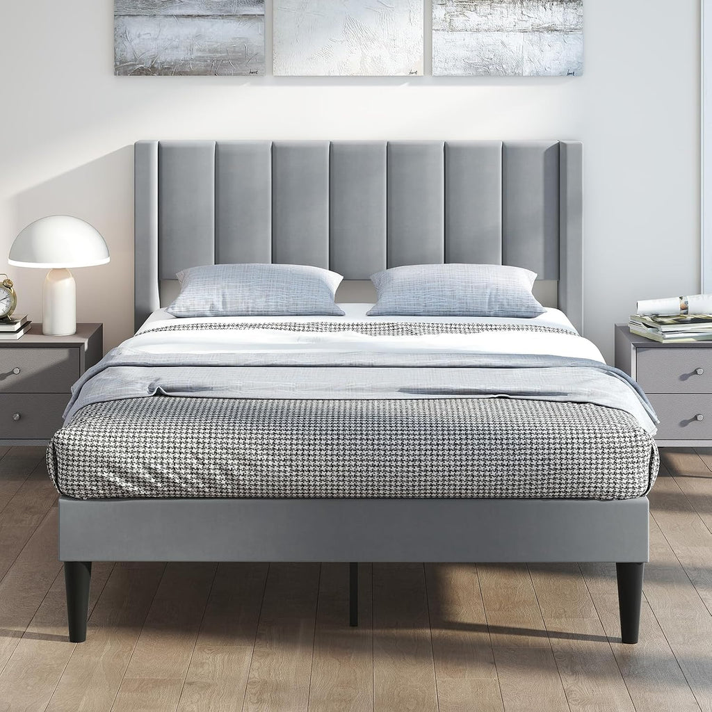 COSTWAY Rama łóżka na materac 200 x 140 cm, tapicerowany stelaż łóżka dwuosobowego, łóżko z podnóżkiem z zagłówkiem, drewniana podpora, regulowane podkładki pod stopy, kolor szary (Model I,L)