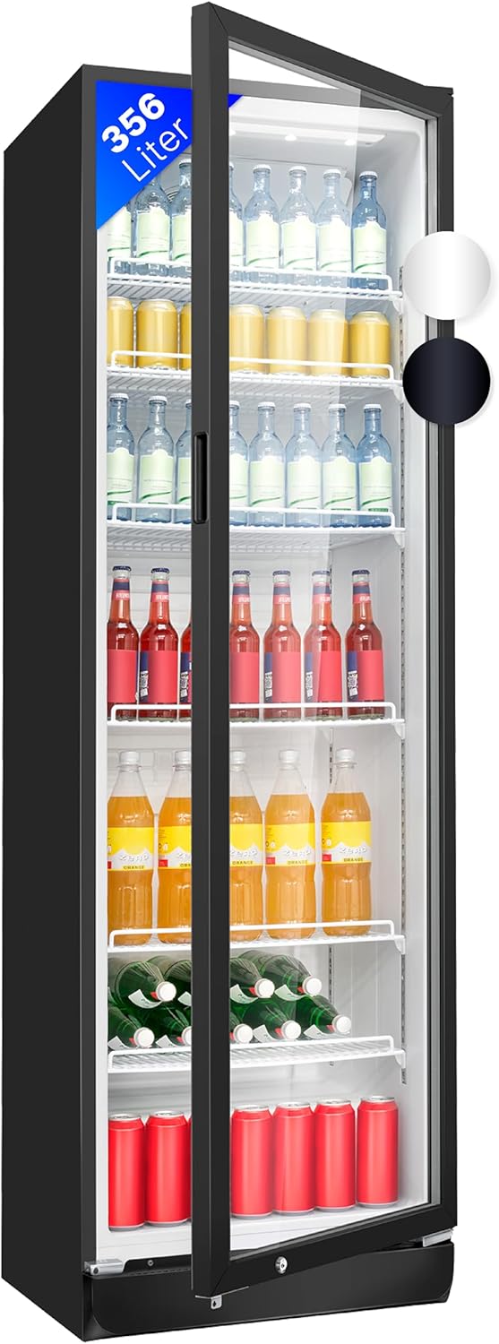 Refrigerador con puerta de cristal Bomann, refrigerador de bebidas con cerradura, 6 estantes de altura ajustable, 30 kg por estante, refrigerador grande de 347 litros, enfriador de botellas con luz LED KSG 7351 negro