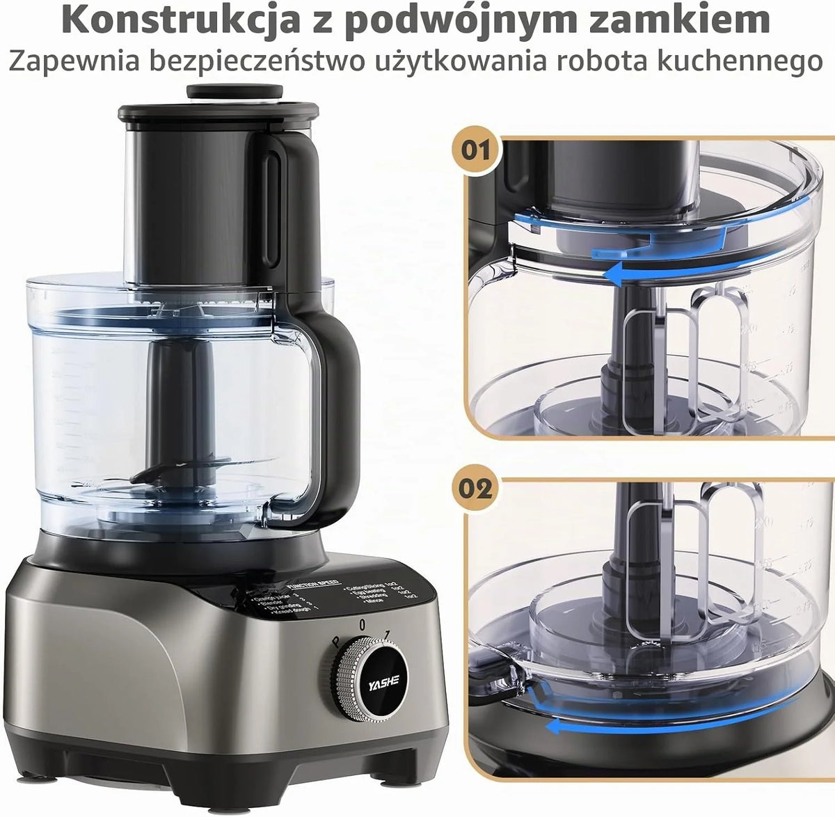 YASHE Wielofunkcyjny robot kuchenny 11 w 1, blender, mikser, rozdrabniacz, sokowirówka i maszyna do ciasta z miską 2,5 l i pojemnikiem do miksowania 1,5 l, 1300 W, 3-biegowy, funkcja pulsu, blokada