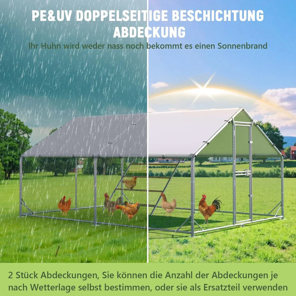 Gallinero de metal con recinto exterior y techo CC3X4X2, 3x4x2 m, resistente a la intemperie, para 10 a 20 gallinas, incluye escalera de descanso y accesorios