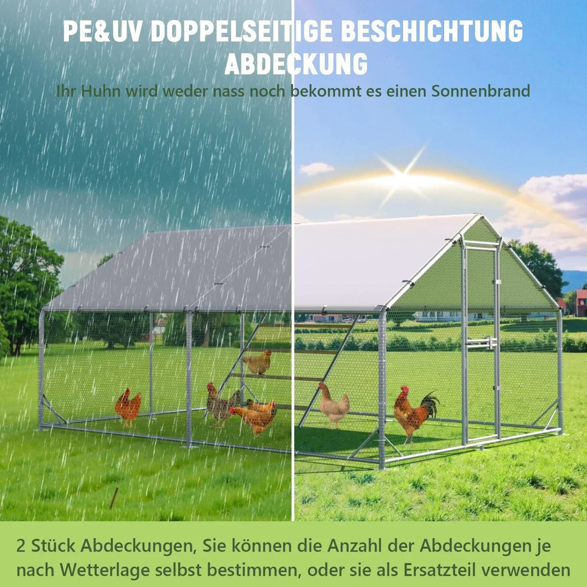 Gallinero de metal con recinto exterior y techo CC3X4X2, 3x4x2 m, resistente a la intemperie, para 10 a 20 gallinas, incluye escalera de descanso y accesorios