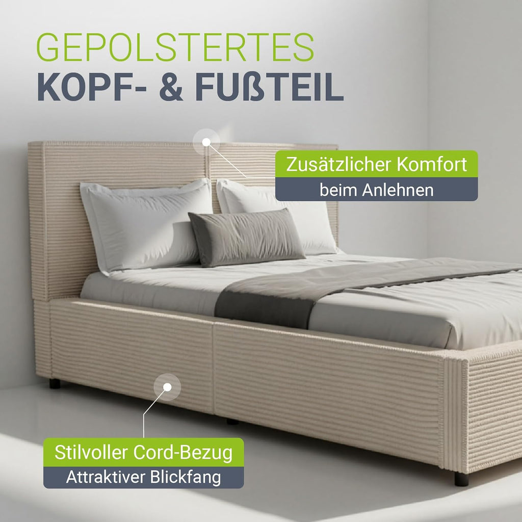 Cama tapizada Juskys Salerno 140 x 200 cm – Pana beige, cama moderna con cabecero y piecero, estructura estable de madera y metal, somier, capacidad de carga de 500 kg