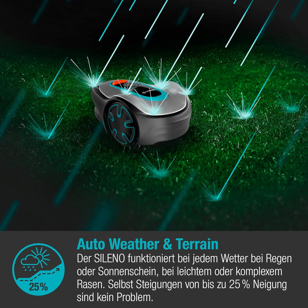 Robot cortacésped Gardena SILENO minimo 250 m²: cortacésped inteligente con conectividad óptima, programable mediante la aplicación Gardena Bluetooth, versión alemana (15201-20)