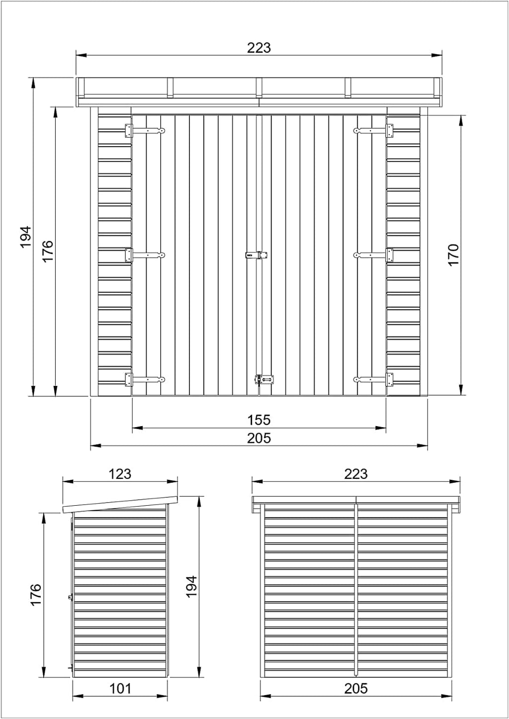 Cobertizo para herramientas de madera natural - Almacenamiento exterior sin ventanas A194x123x223 cm/2,1 m² Caseta de madera natural - Taller de almacenamiento de herramientas - TIMBELA M348