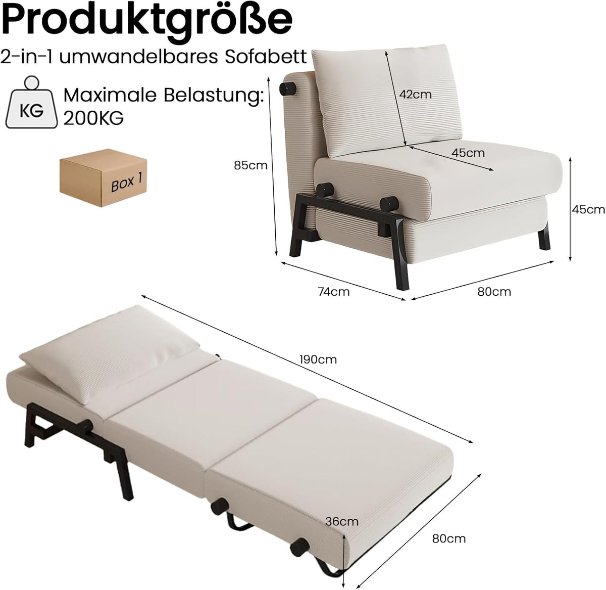 Sillón cama genérico 2 en 1, sofá cama con función de cama, sillón cama convertible con cojín, tela de pana, estructura de metal, sofá de suelo para salón y dormitorio