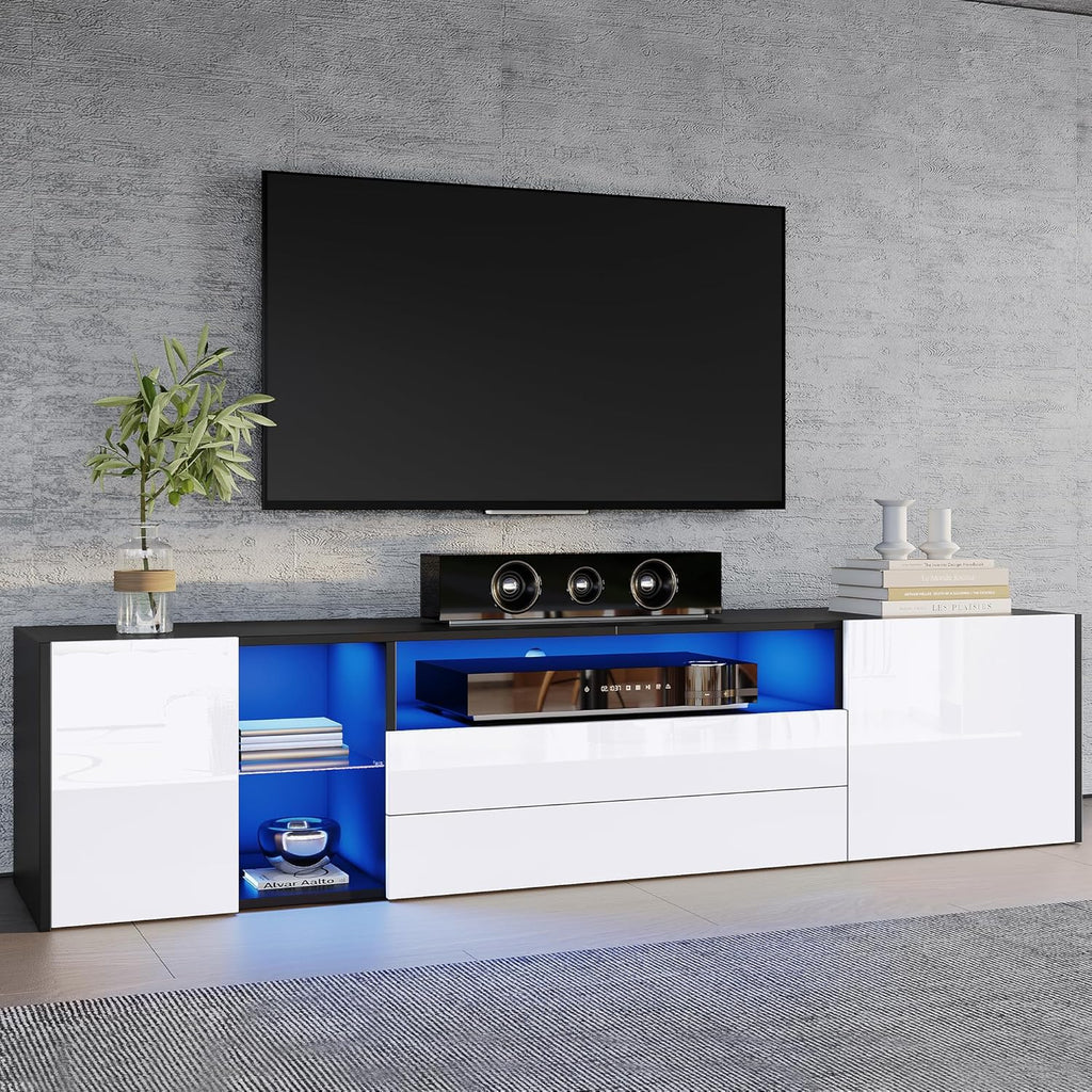 Mueble de TV Merax con LED, mueble para televisión de alto brillo con 2 puertas y 2 cajones, soporte para televisores de hasta 75 pulgadas, mueble bajo para salón, dormitorio, comedor, 180 cm, blanco y negro