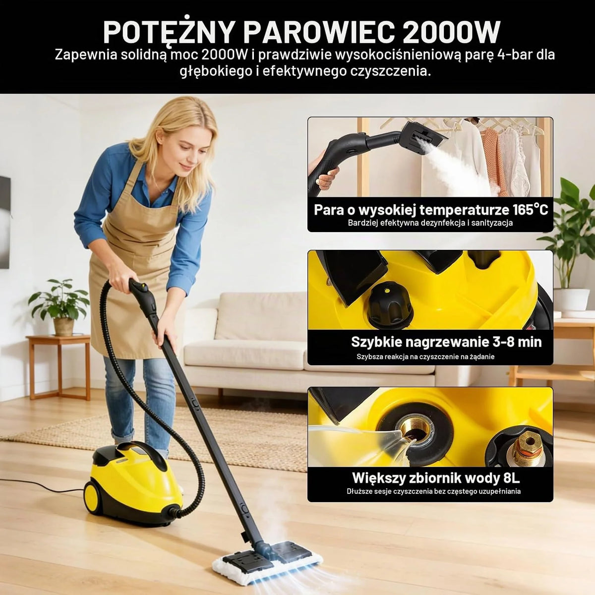 Myjka parowa 2000 W z 23 akcesoriami (w zestawie szczotki zapasowe), ciśnienie pary regulowane do 4 barów na uchwycie, zbiornik na wodę 1,5 l, nawijacz kabla i przegródka na akcesoria, do wszystkich