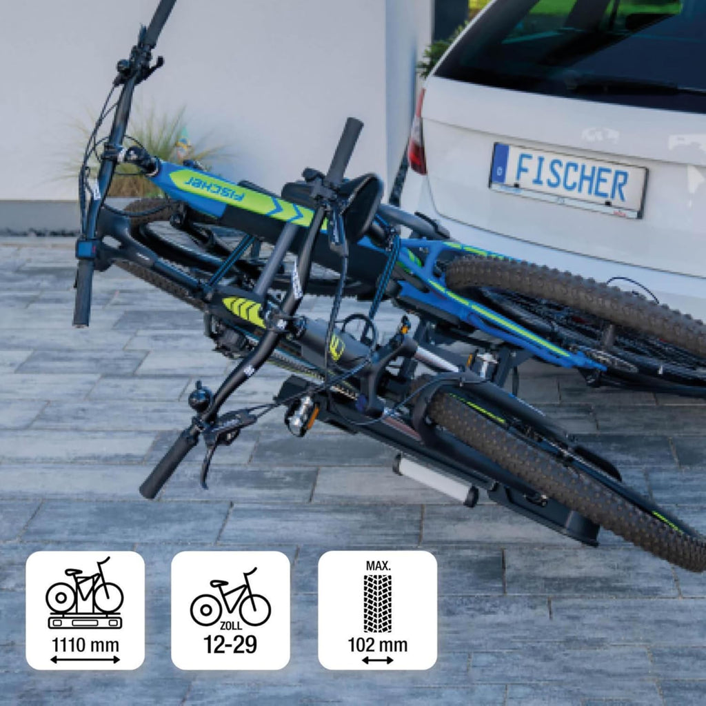 Portabicicletas de enganche Fischer ProlineEvo 2, para 2 bicicletas hasta 60 kg de carga útil, apto para bicicletas eléctricas, premontado, bloqueable, plegable