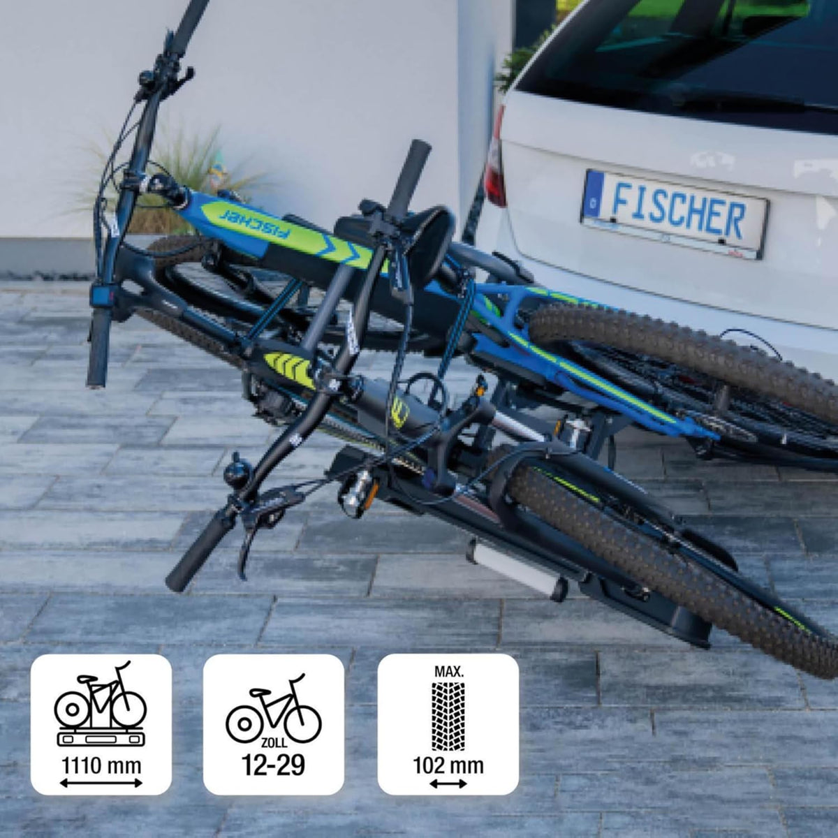 Portabicicletas de enganche Fischer ProlineEvo 2, para 2 bicicletas hasta 60 kg de carga útil, apto para bicicletas eléctricas, premontado, bloqueable, plegable