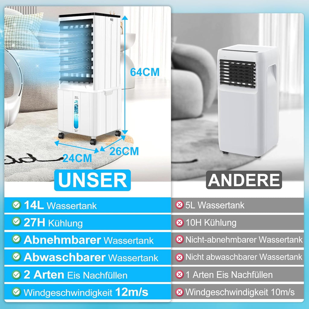Aire acondicionado sin tubo de escape, 14L 60W, unidad móvil con temporizador de 12H, 3 modos, 40dB, oscilación de 120°, depósito de agua extraíble, control remoto, aire acondicionado portátil silencioso para apartamentos y habitaciones