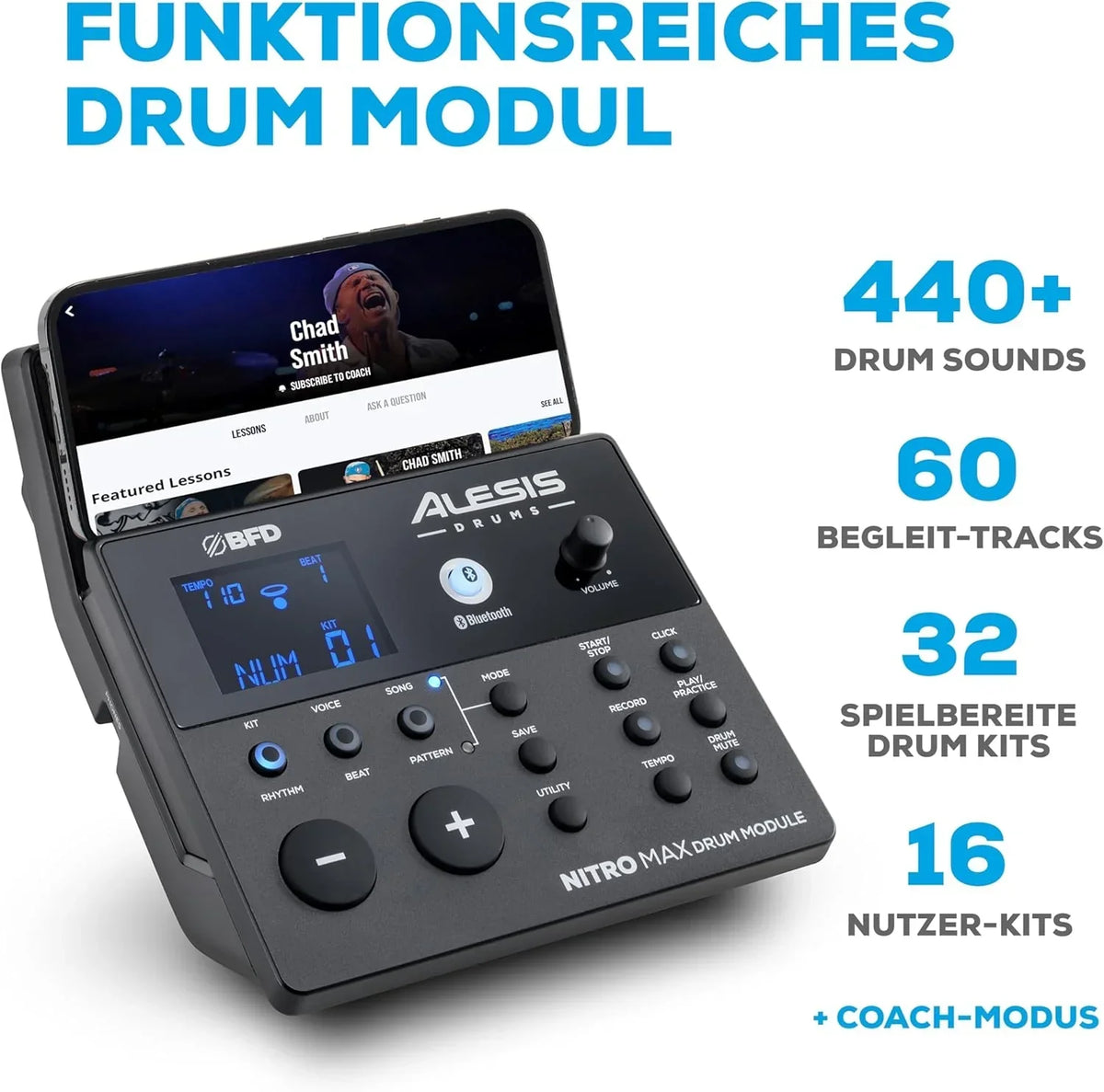 Batería electrónica de 8 piezas Nitro Max Kit, caja de 10 pulgadas de doble zona con parches de malla, Bluetooth, USB MIDI, más de 440 sonidos