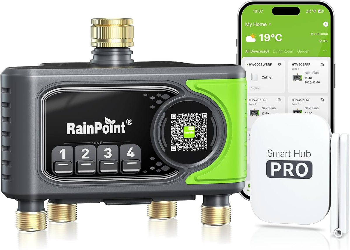 Programador de riego WiFi RAINPOINT de 4 salidas, entrada y salida de latón, temporizador de riego de 4 zonas con control basado en el clima y el suelo, control por aplicación y voz para jardín y césped
