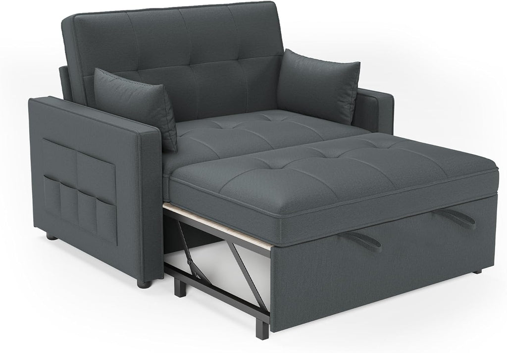 Sofá cama LUXOAK 186 x 122 cm con respaldo ajustable en 5 niveles, sofá cama 3 en 1 con cojines y bolsillo lateral, sofá de lino gris para habitación de invitados y espacios pequeños