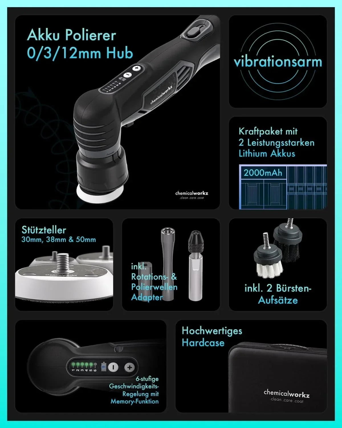 Pulidora inalámbrica EVO Mini, juego de 25 piezas con excéntrica y rotativa, baterías, adaptadores, almohadillas de pulido y accesorios