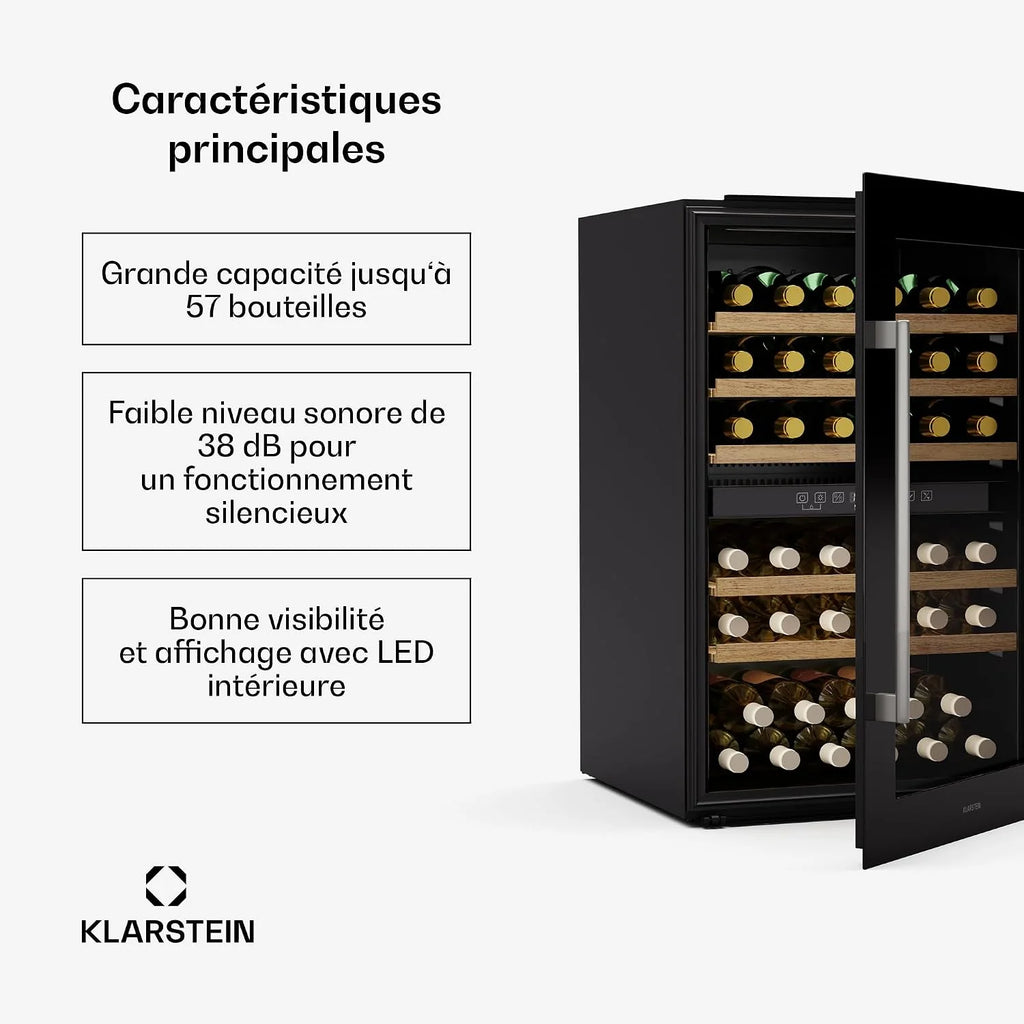 Klarstein Vinsider 57 Duo Chłodziarka do wina 2 strefy - 57 butelek, 5-22 °C, Cicha 38 dB, Do zabudowy, Szkło z ochroną UV, Drewniane półki, Stal nierdzewna, R600a
