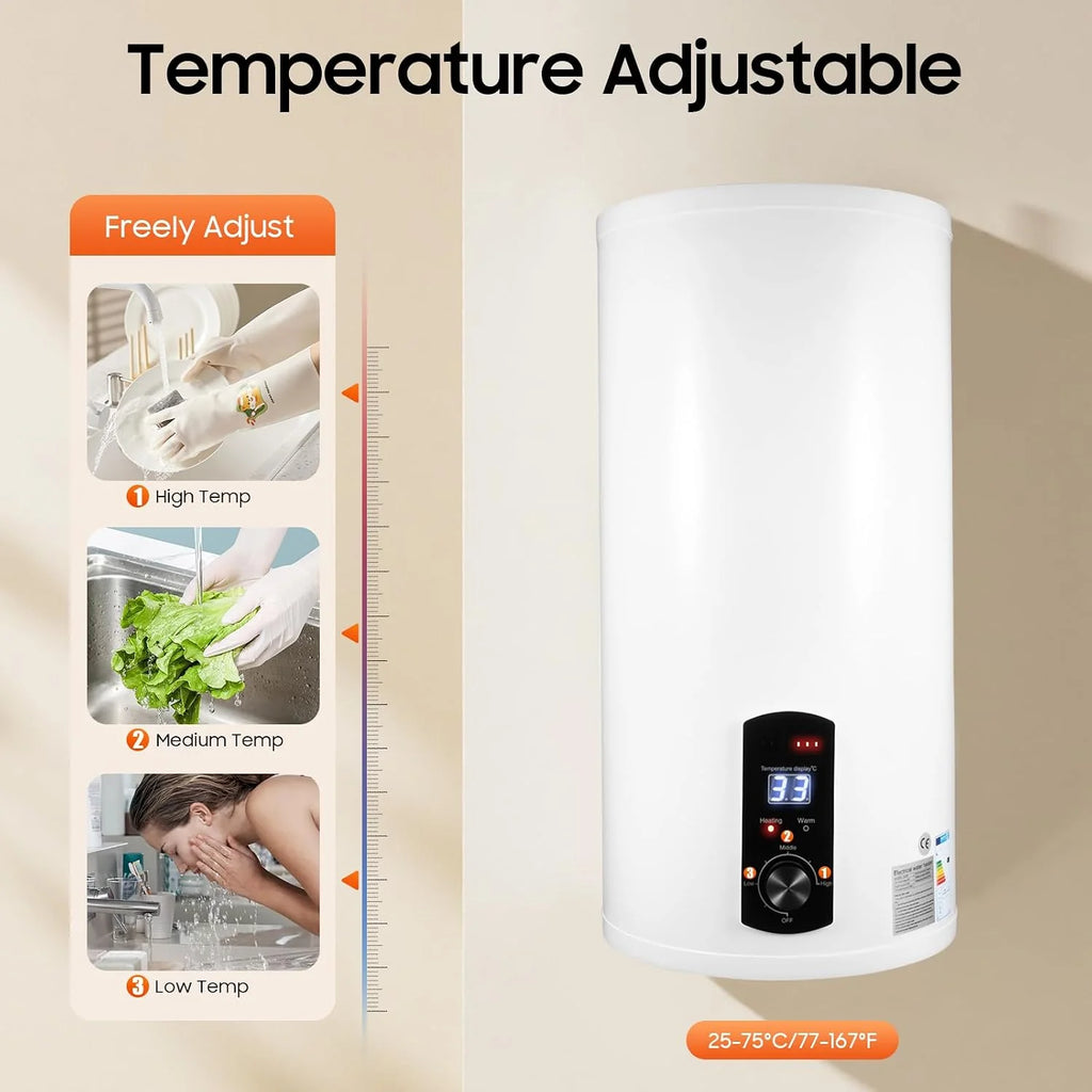 Bojler elektryczny zbiornik ciepłej wody 80 l, 2000 W, mocowanie na ścianie, bojler na wodę, prysznic ze słuchawką prysznicową, węże, zakres temperatury ogrzewania 25-75°C