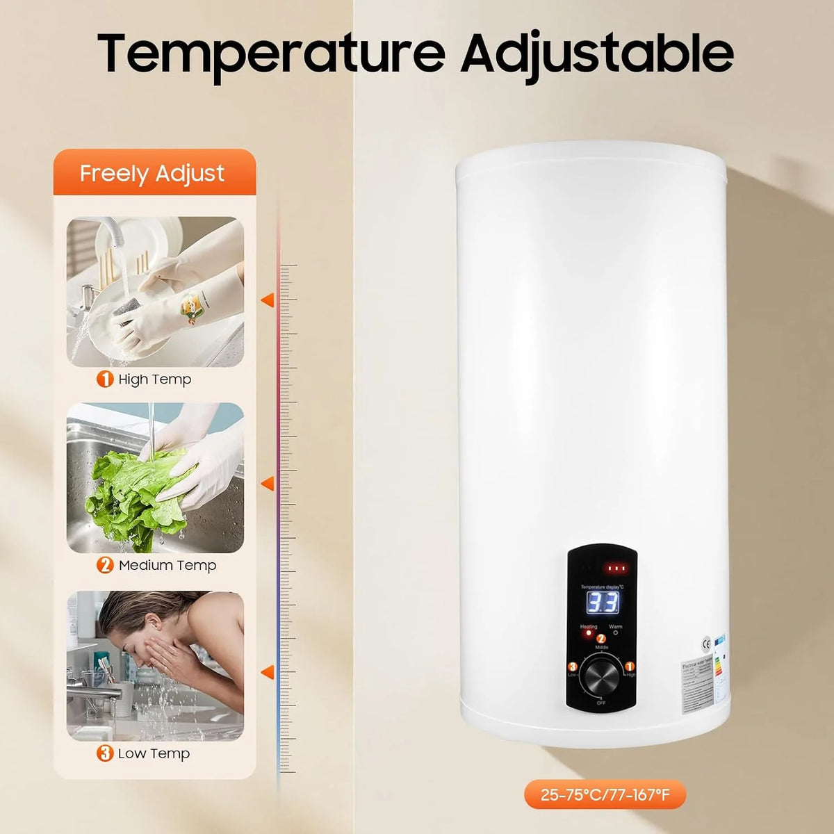 Bojler elektryczny zbiornik ciepłej wody 80 l, 2000 W, mocowanie na ścianie, bojler na wodę, prysznic ze słuchawką prysznicową, węże, zakres temperatury ogrzewania 25-75°C
