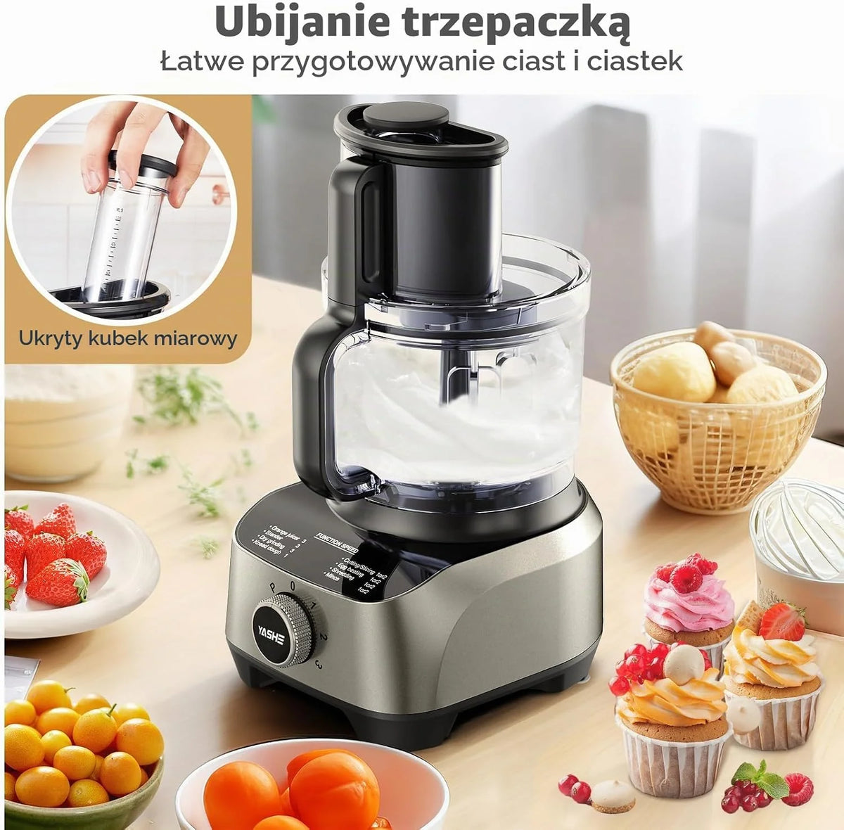 YASHE Wielofunkcyjny robot kuchenny 11 w 1, blender, mikser, rozdrabniacz, sokowirówka i maszyna do ciasta z miską 2,5 l i pojemnikiem do miksowania 1,5 l, 1300 W, 3-biegowy, funkcja pulsu, blokada
