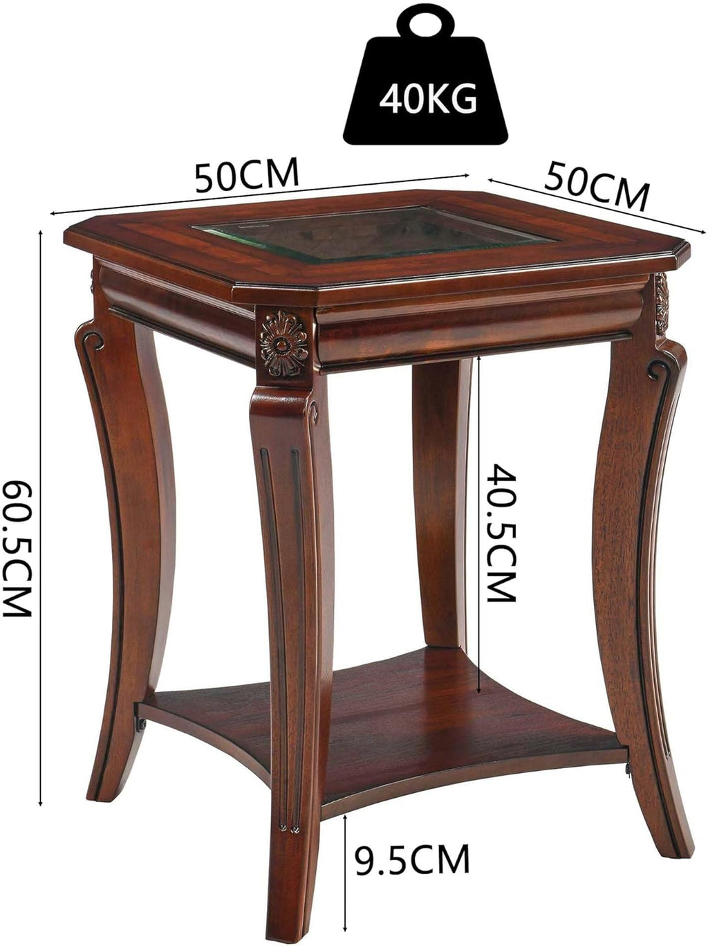 Mesa auxiliar cuadrada de alta gama con tablero de cristal templado, mesa auxiliar estilo granja con estante, mesa esquinera de salón con patas de madera tallada, 60.5 cm de altura, color cerezo CJZ-A1168-GT