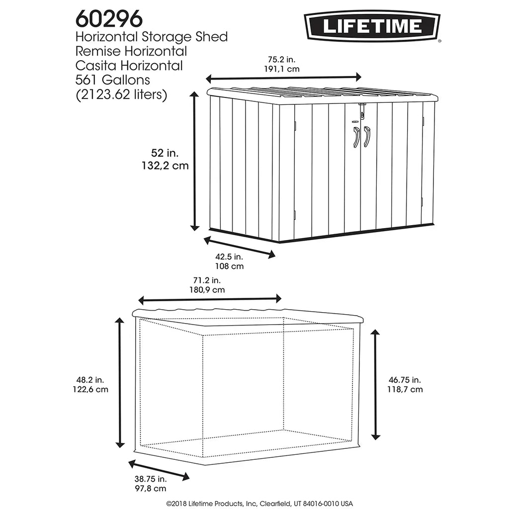 Caseta de almacenamiento horizontal Lifetime 2026, 1,9 x 1,1 m – Capacidad 2407 L