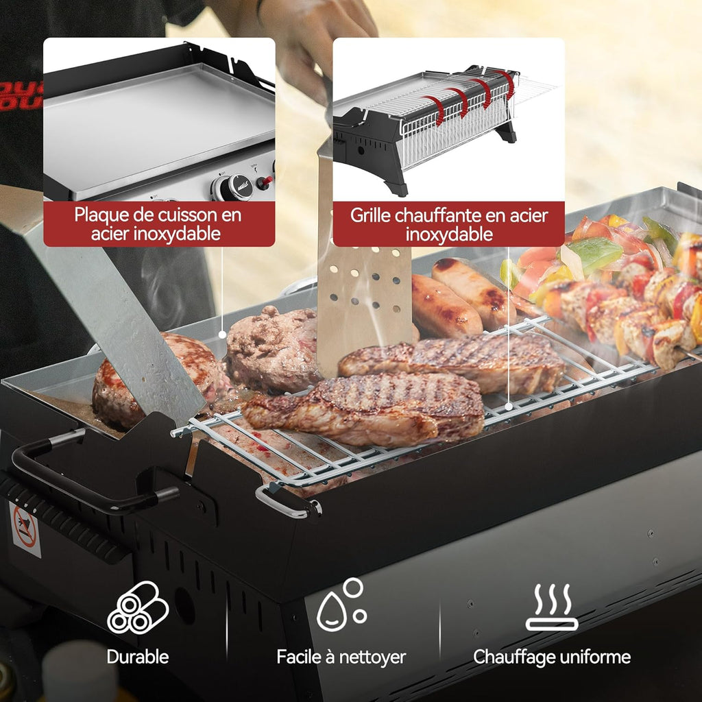 Plancha de gas propano Royal Gourmet de acero inoxidable, 3 quemadores de 7,5 kW, superficie de cocción de 61,5 x 32 cm con rejilla de calentamiento, adecuada para camping y exteriores, plateada
