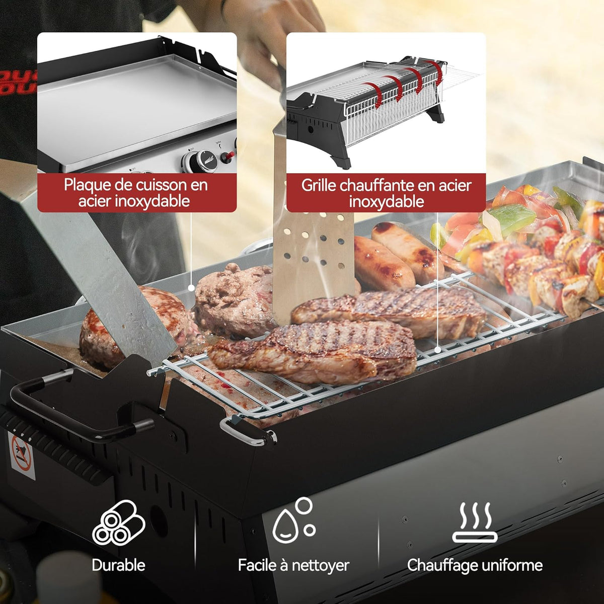 Plancha de gas propano Royal Gourmet de acero inoxidable, 3 quemadores de 7,5 kW, superficie de cocción de 61,5 x 32 cm con rejilla de calentamiento, adecuada para camping y exteriores, plateada