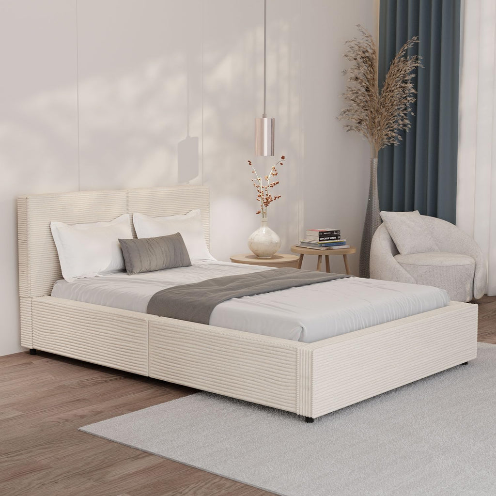 Cama tapizada Juskys Salerno 140 x 200 cm – Pana beige, cama moderna con cabecero y piecero, estructura estable de madera y metal, somier, capacidad de carga de 500 kg