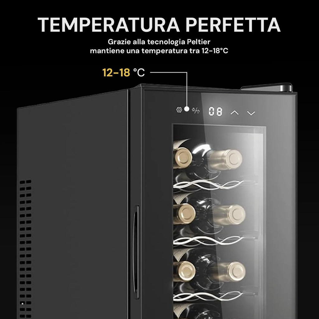 Wintem Cicha chłodziarka do wina 12 butelek 65 W - mini lodówka do napojów i wina z wyświetlaczem LED - regulacja temperatury 12-18°C, automatyczna przeróbka - 35 l czarna szafka na wino