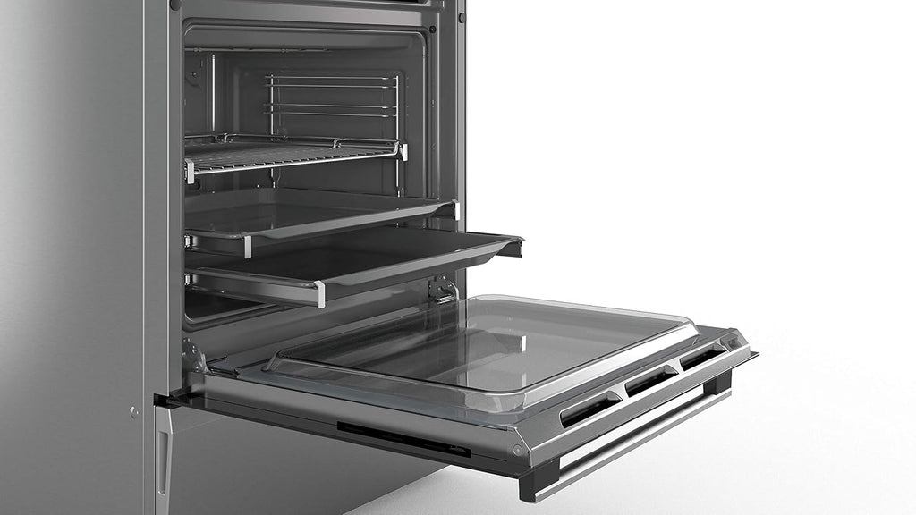 Cocina eléctrica de libre instalación Bosch Serie 4 HKR39C250, 60 cm de ancho, asistente de limpieza EcoClean Direct, aire caliente 3D para hornear en 3 niveles, control por pantalla LED, zona de cocción ampliable para recipientes grandes