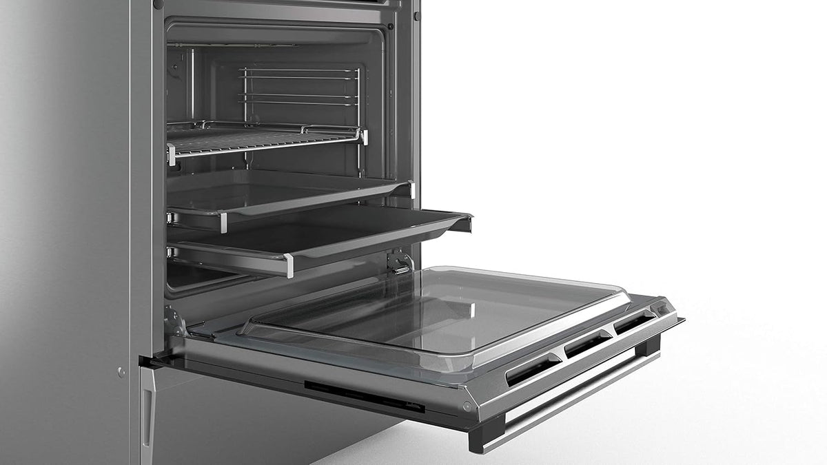 Cocina eléctrica de libre instalación Bosch Serie 4 HKR39C250, 60 cm de ancho, asistente de limpieza EcoClean Direct, aire caliente 3D para hornear en 3 niveles, control por pantalla LED, zona de cocción ampliable para recipientes grandes