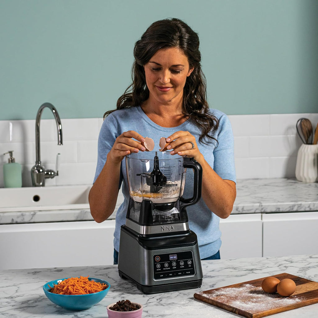Procesador de alimentos y licuadora 3 en 1 Ninja con 5 programas: Mezclar, Mezcla máxima, Picar, Licuar, Triturar, recipiente de 1,8 L, jarra de 2,1 L, vaso de 700 ml, 1200 W, apto para lavavajillas, Auto-iQ, negro BN800EU