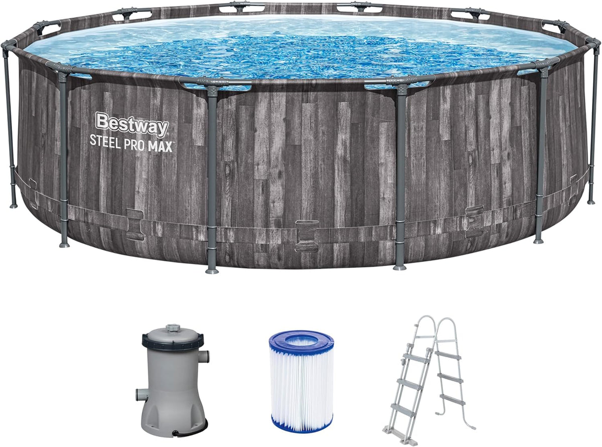 Piscina desmontable redonda Bestway 366x100 cm, set con bomba de filtrado, aspecto madera | 9.150 L, material TriTech de 3 capas, fondo con aspecto de mosaico de guijarros, incluye bomba de filtrado y escalera