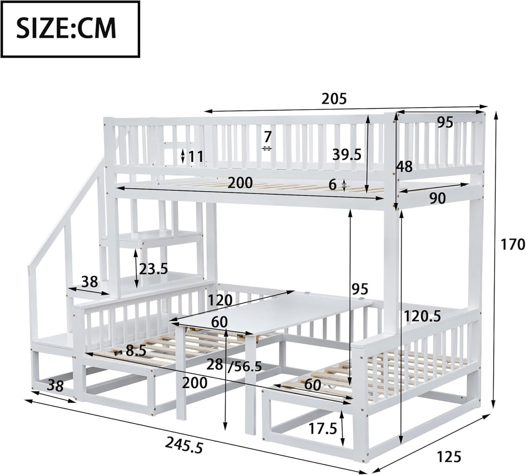 Litera infantil que ahorra espacio, cama alta con escritorio flexible y sofá de madera, cama para niños con escalera y protección anticaídas, 90x200cm + 120x200cm, cama funcional tipo litera, cama alta juvenil, blanco