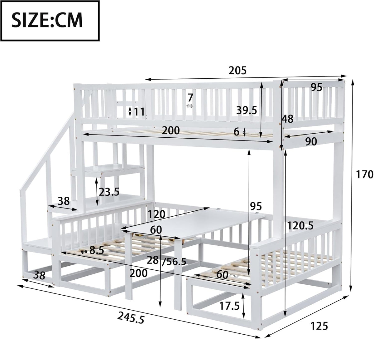 Litera infantil que ahorra espacio, cama alta con escritorio flexible y sofá de madera, cama para niños con escalera y protección anticaídas, 90x200cm + 120x200cm, cama funcional tipo litera, cama alta juvenil, blanco
