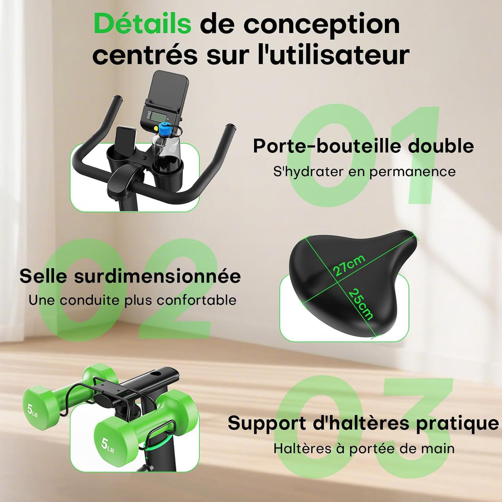 Bicicleta estática para casa, bicicleta de fitness interior silenciosa con resistencia ajustable, bicicleta estática con aplicación, soporte para mancuernas, pantalla LCD, asiento cómodo, capacidad de 180 kg