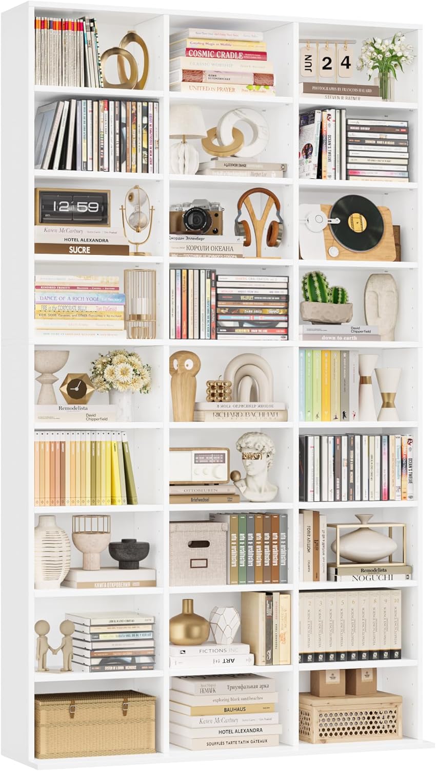 Estantería para libros FirFurd de 190 cm, estante para CD con 27 compartimentos, soporte para CD ajustable en altura, estantería de pie, separador de ambientes para sala de estar, estudio, blanco
