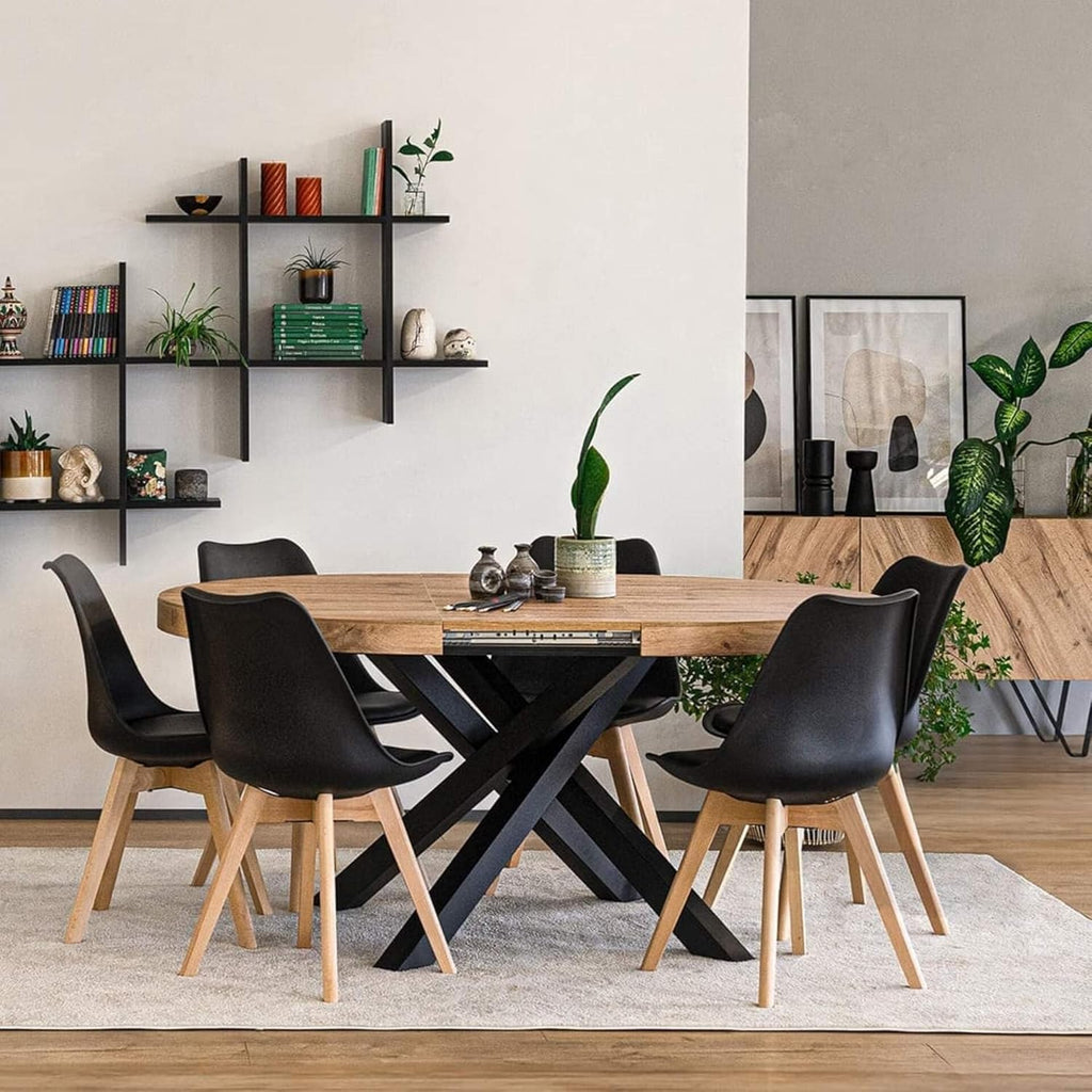 MOBILI FIVER, Mesa redonda extensible Emma, 120-160 cm, Roble rústico con patas cruzadas negras, Made in Italy