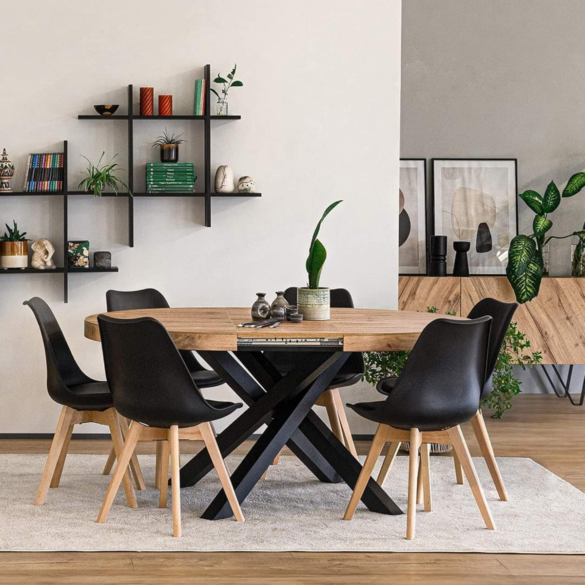MOBILI FIVER, Mesa redonda extensible Emma, 120-160 cm, Roble rústico con patas cruzadas negras, Made in Italy