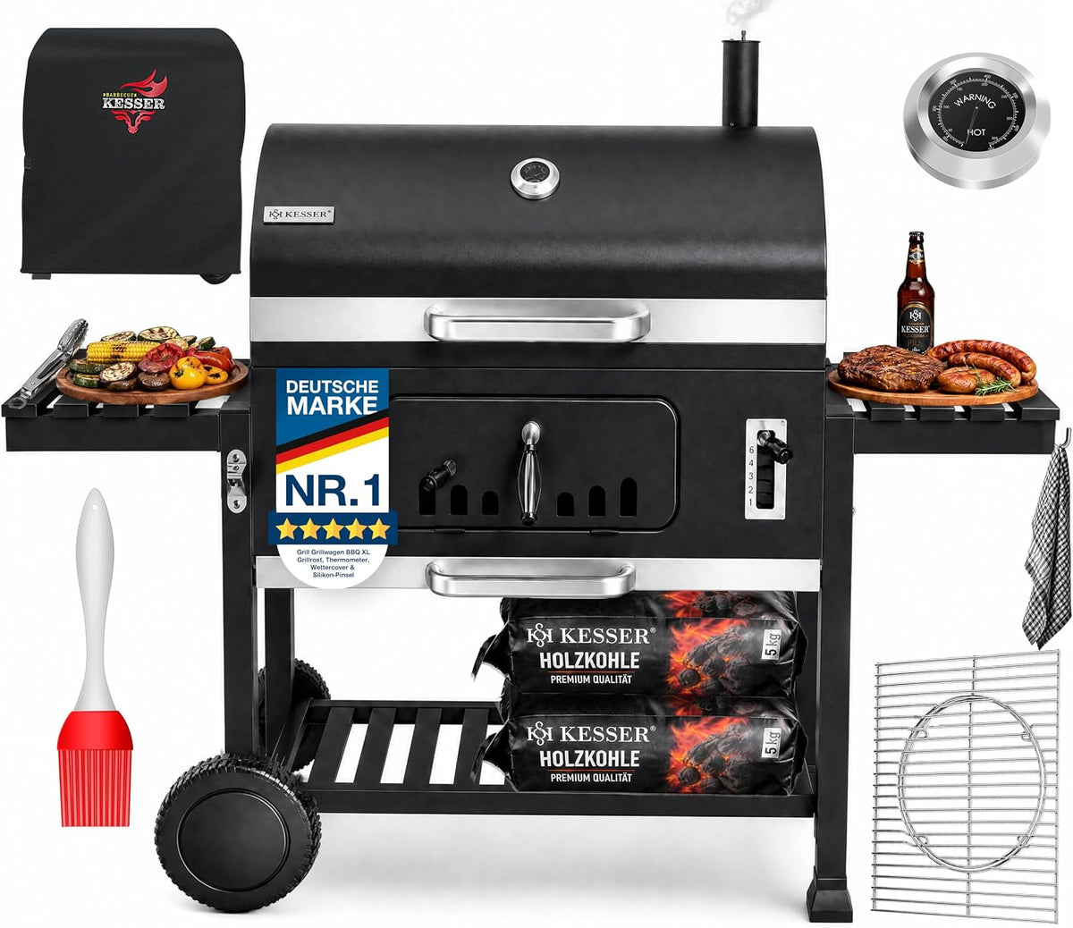 KESSER® Barbacoa de carbón XXL, carro de barbacoa con tapa y termómetro – gran carro de barbacoa de carbón, ahumador con chimenea y ventilación, con rejilla de cocción, rejilla de calentamiento y estante, incluye funda, cepillo y brocha