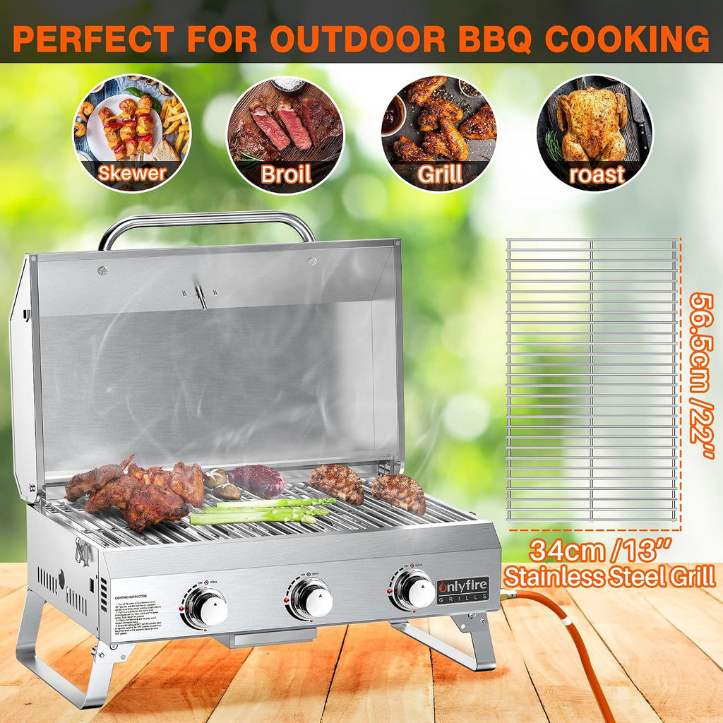 Onlyfire Parrilla de gas portátil de 3 quemadores | Parrilla de mesa con rejilla | 7 kW | Superficie de cocción 56,5 × 34 cm | con termómetro, tapa | Patas plegables | Parrilla de camping para terraza, balcón y jardín