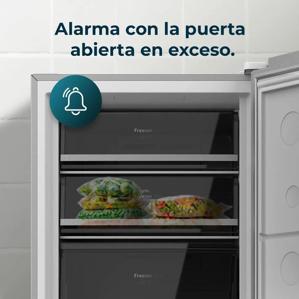 Congelador vertical Cecotec de 380L Bolero CoolMarket UF 380 inox D. 1950W, motor Inverter Plus, bajo consumo, Total No Frost, pantalla en la puerta, convertible a frigorífico, Multi Airflow