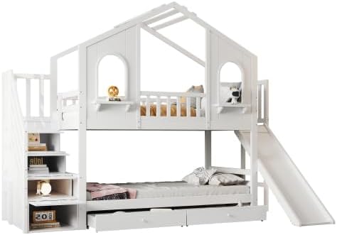 Cuna litera 90x200, cama alta en forma de casa con tobogán, escalera de almacenamiento, 2 cajones, ventanas y tejado, litera cama doble de madera con somier y protección anticaídas, pino, sin colchón, blanco