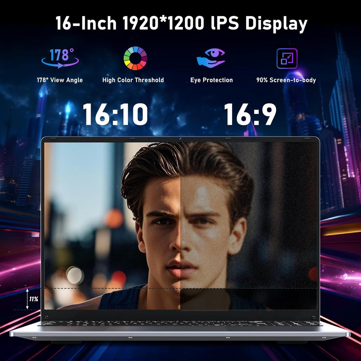 Portátil Laptop, 16 Pulgadas Procesador N150 (1,2 a 3,6 GHz), 16 GB de RAM, 1 TB SSD, Notebook 2025, 1920X1200P/6000 mAh/Teclado Completo Retroiluminado/Webcam/Panel Táctil