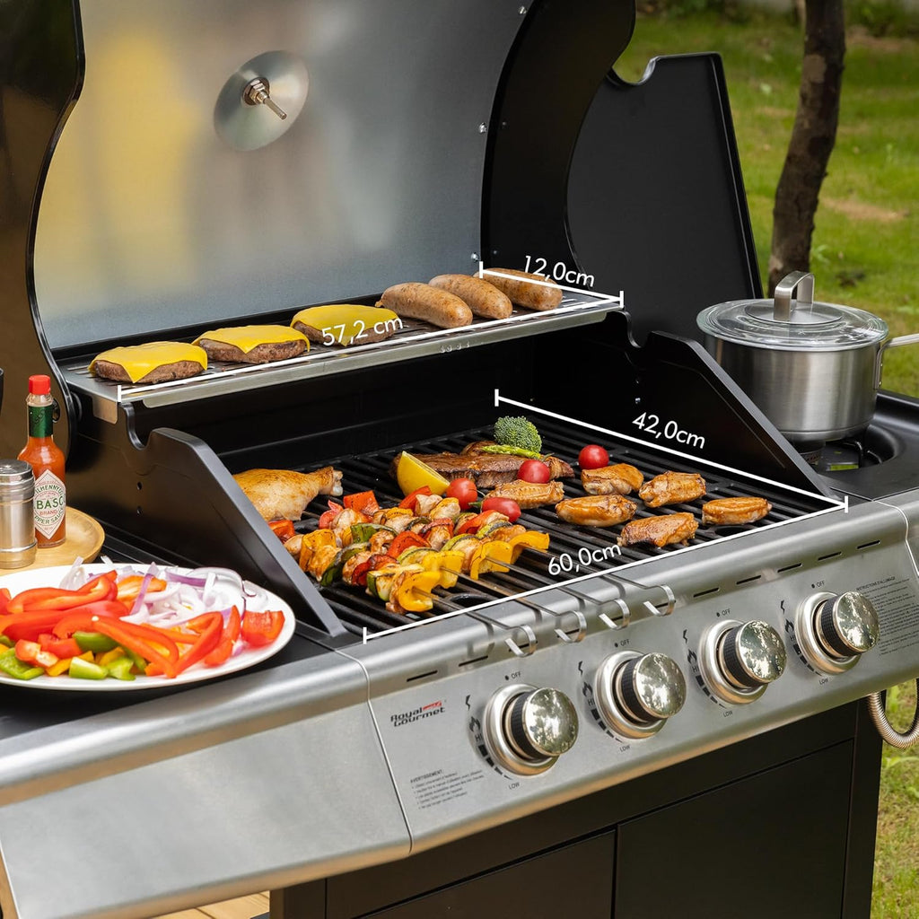 Barbacoa de gas Royal Gourmet de 4+1 quemadores de acero inoxidable, parrilla de gas de 14,5 kW con estantes y termómetro, 2 ruedas direccionales, 2 puertas, adecuada para jardín y exterior, negra