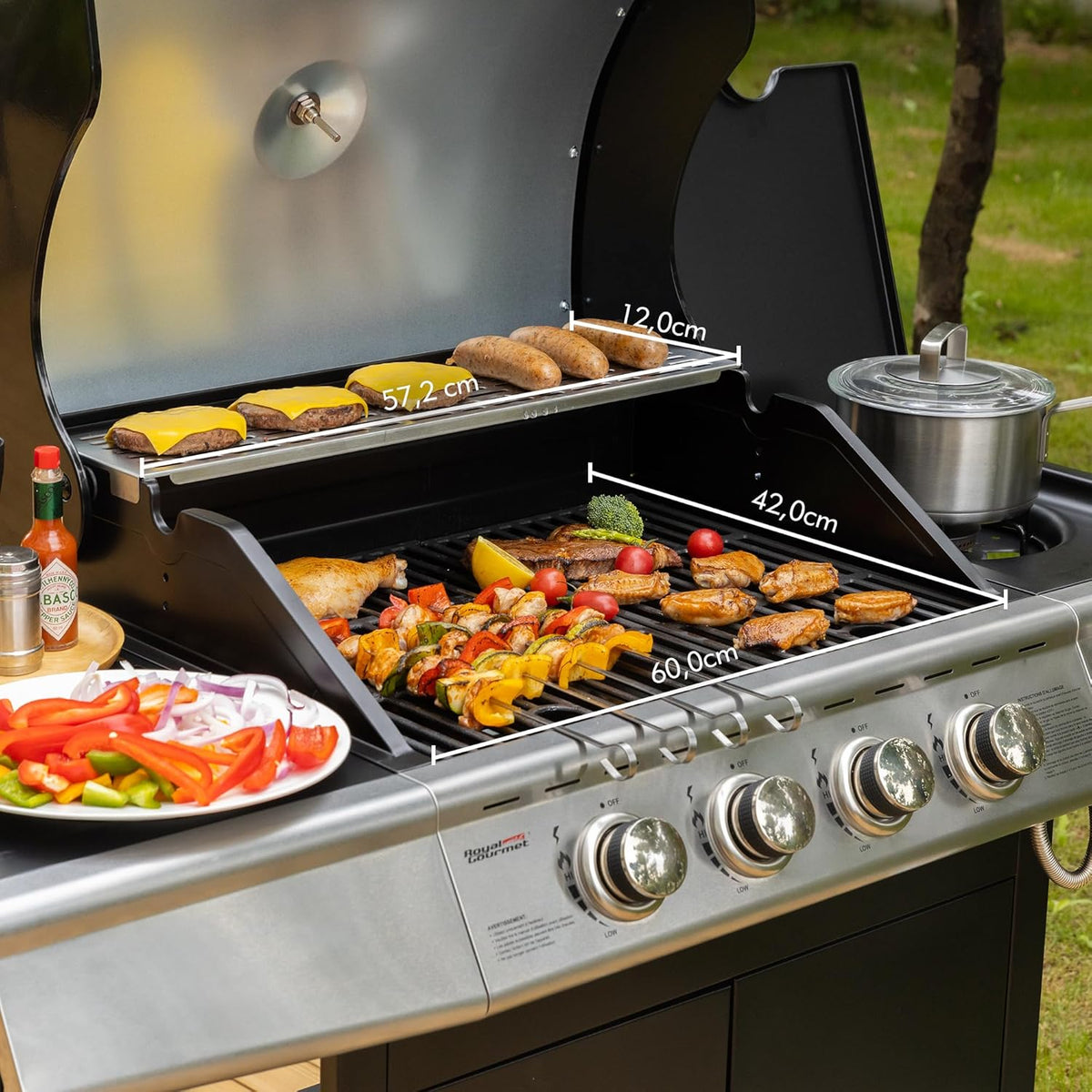 Barbacoa de gas Royal Gourmet de 4+1 quemadores de acero inoxidable, parrilla de gas de 14,5 kW con estantes y termómetro, 2 ruedas direccionales, 2 puertas, adecuada para jardín y exterior, negra